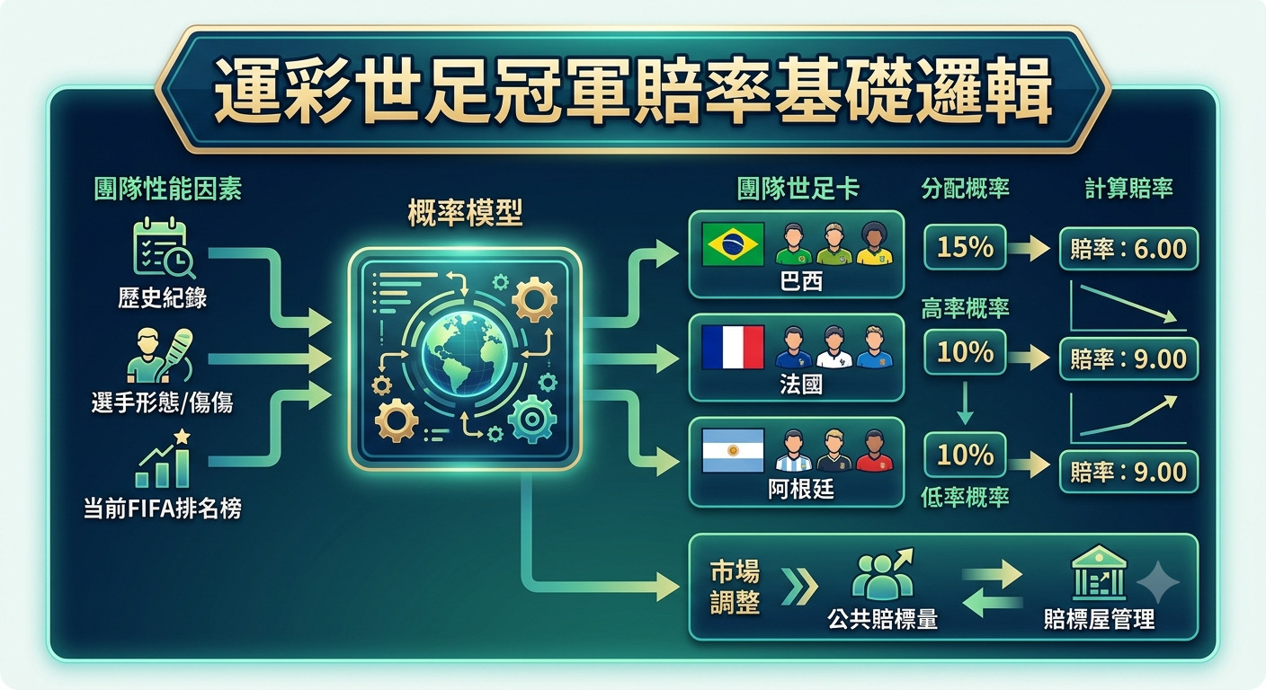 這張圖表說明了運彩世足冠軍賠率的基礎邏輯,展示了從球隊性能數據到概率模型計算,再到市場調整賠率的過程。 透過整合歷史紀錄、選手狀態與 FIFA 排名,系統能精準推算出各國奪冠機率並據此制定出對應的賠率。