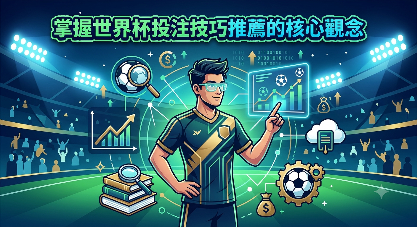 這是一幅以世界杯投注技巧為主題的插圖，畫面中心是一位正在分析數據的專業分析師，周圍環繞著足球、統計圖表與金融符號。 整體設計融合了科技感與體育競技元素，完美詮釋了掌握核心投注觀念的專業視角。