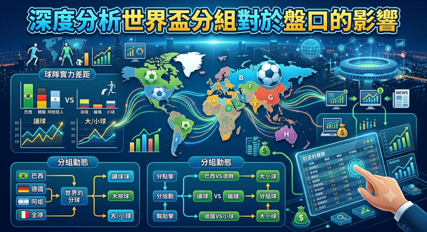 這張圖片以深藍色調為背景，展示了世界盃分組對博彩盤口影響的專業數據分析，包含地圖、圖表及互動介面。 畫面頂部醒目地標示著「深度分析世界盃分組對於盤口的影響」作為主題，將賽事結構與盤口賠率關聯起來。