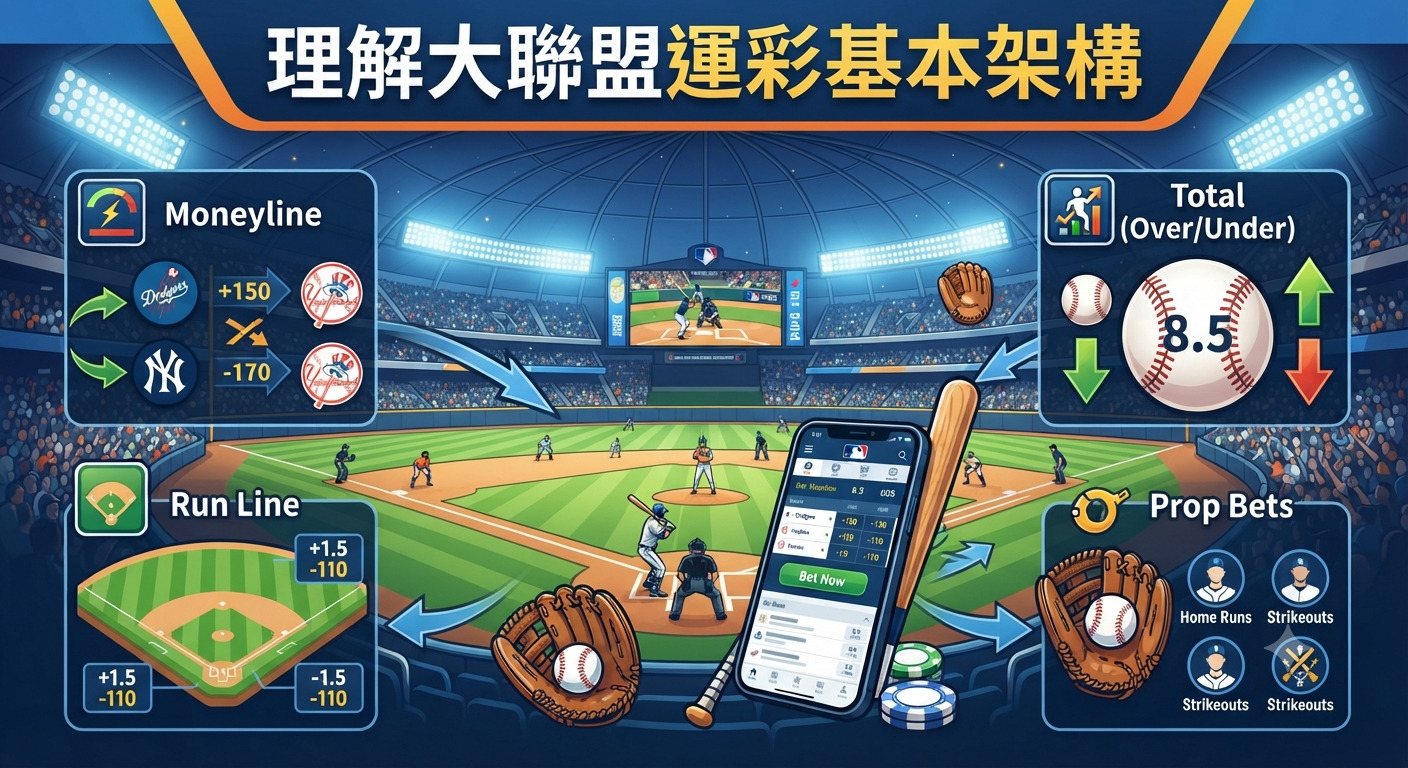 這張資訊圖表以棒球場為背景,標題為「理解大聯盟運彩基本架構」。 圖中詳細解釋了運彩的四大核心概念:Moneyline、Run Line、Total (Over/Under) 以及 Prop Bets。