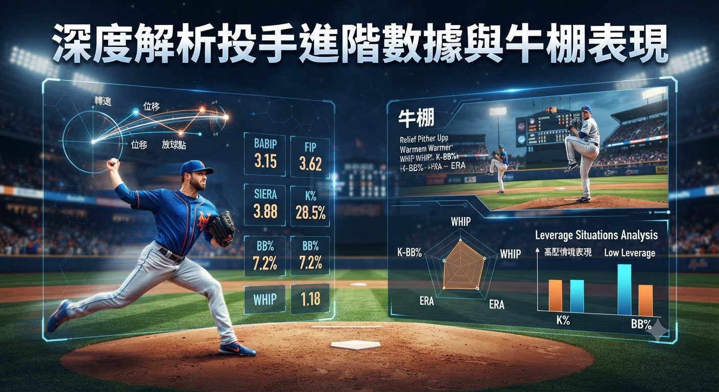 這張圖片展示了一位棒球投手在球場上投球的畫面,並結合了先進數據分析圖表。 畫面上方醒目地標示著「深度解析投手進階數據與牛棚表現」的主題。
